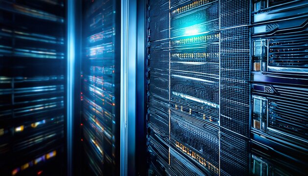 illuminated server rack with glowing lights depicting data processing and digital technology - Powered by Adobe