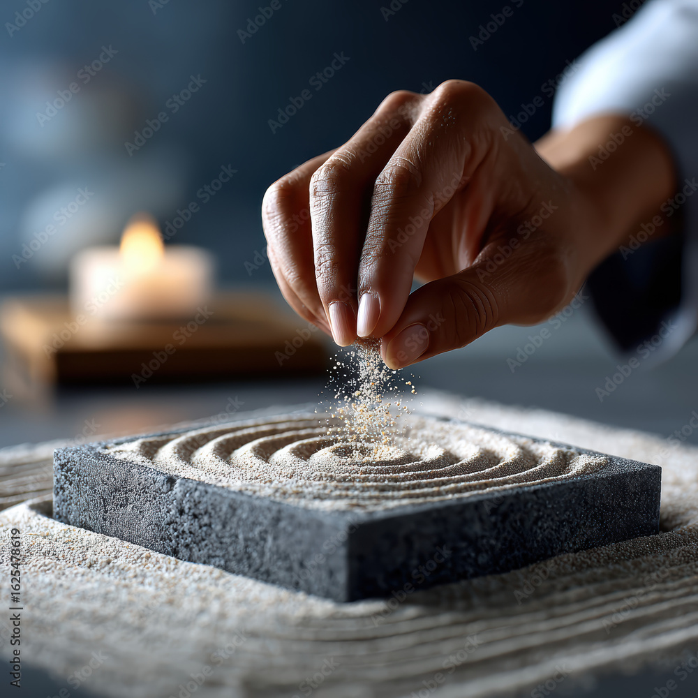 Poster a hand gently sprinkles sand onto a textured surface, creating mesmerizing patterns in a calming, se
