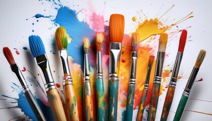 used paintbrushes on a light background with colorful paint splatters