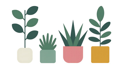 Variety of potted plants with lush green leaves, displayed in colorful, modern containers.