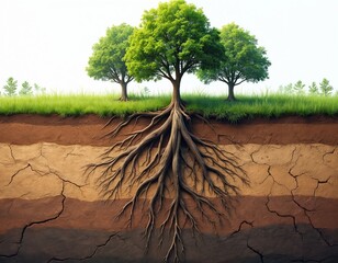 Cross section of soil layers with tree roots penetrating different earth strata. Green grass, trees grow above dry, cracked ground. Earth structure shows distinct brown, dark layers, natural