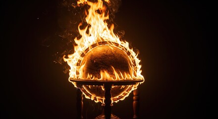 An antique world globe engulfed in flames, symbolizing global warming, climate change, and environmental crisis.
