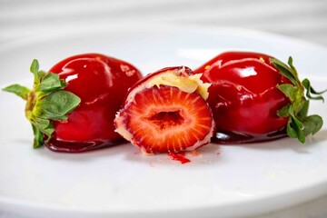 The iconic and delicious Brazilian strawberry of love, prepared with fresh strawberries, white brigadeiro and crunchy caramel on the surface. Morango do amor