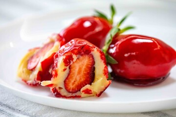 The iconic and delicious Brazilian strawberry of love, prepared with fresh strawberries, white brigadeiro and crunchy caramel on the surface. Morango do amor