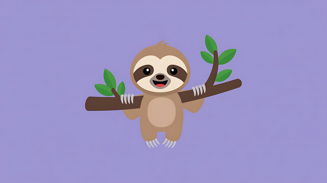 Cute cartoon sloth happily hangs from a branch with green leaves against a purple background.
