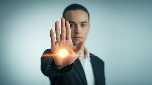 A person extends hand with glowing orb, conveying a sense of rejection and digital barrier.