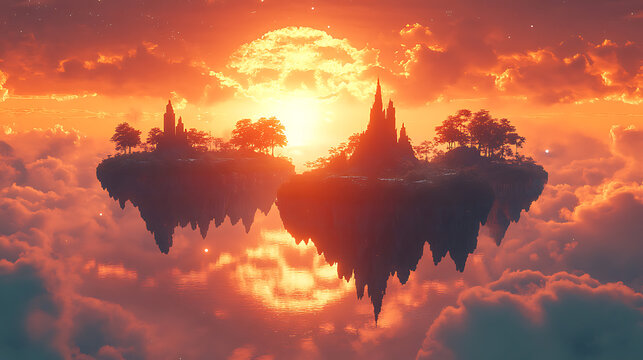 Ethereal Floating Islands at Sunset A Fantasy Landscape