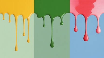 Vibrant, dripping paint in yellow, green, and pink hues create a dynamic, colorful cascade.