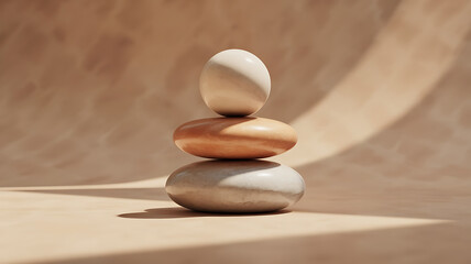 Balanced stones stacked carefully, creating a serene and harmonious composition, conveying peace.