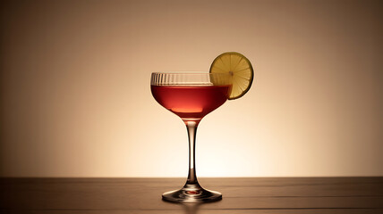 Elegant cocktail in a stemmed glass, garnished with citrus, presented against a warm, soft backdrop.