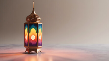 Ornate lantern with vibrant, colorful glass panels glows softly against a blurred, warm background.