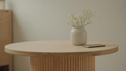 Simple wooden table displays a vase of delicate white flowers and a sleek mobile device.