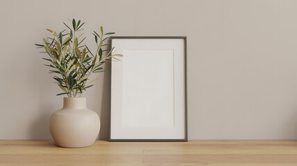 Simple interior scene: framed artwork, potted plant, and a light-colored wall create a calm atmosphere.
