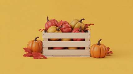 Wooden crate overflows with vibrant pumpkins and autumn leaves, evoking a harvest season.