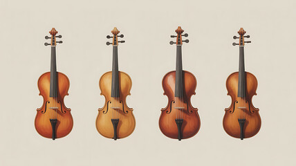 Four violins aligned, showcasing rich wood grain and elegant musical instrument design.