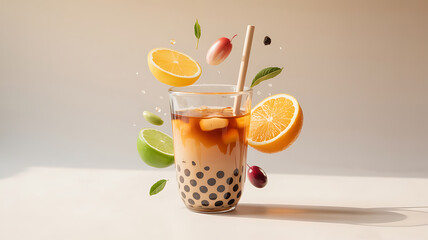 Refreshing beverage with fruit slices, bubbles, and a straw, creating a vibrant and lively composition.