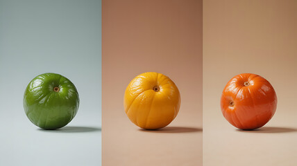 Three citrus fruits, green, yellow, and red, displayed against a gradient background.