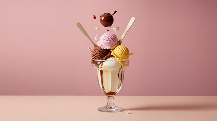 Colorful ice cream scoops suspended above a glass, a sweet and delightful frozen treat.