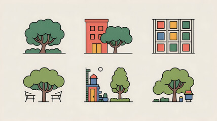 Urban landscape featuring trees, buildings, and greenery, creating a peaceful, stylized city scene.