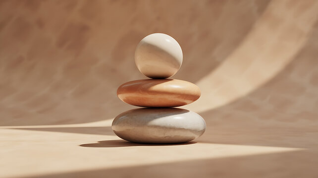 Balanced stones stacked carefully, creating a serene and harmonious composition, conveying peace.