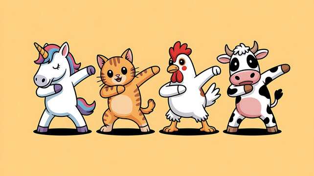 Whimsical animals joyfully dance, celebrating fun and lightheartedness with playful, energetic gestures.