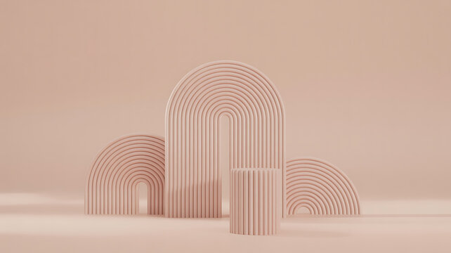 Abstract architectural forms in soft pink hues create a tranquil, minimalist, and modern composition.