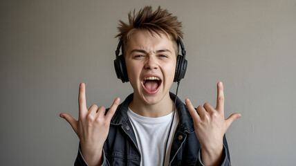 Young person with headphones passionately sings, expressing energy and enthusiasm with rock hand gestures.