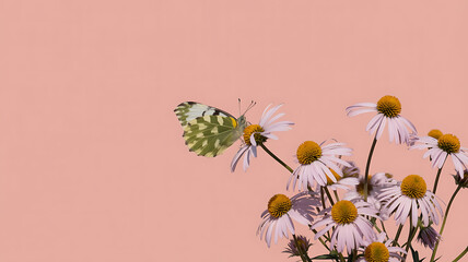Naklejka premium Delicate butterfly flits among a cluster of daisies, evoking tranquility and natural beauty.
