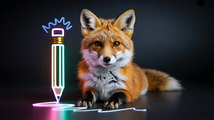 Fox rests beside a glowing neon pencil.
