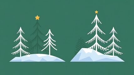 Two snowy Christmas trees on a green background.
