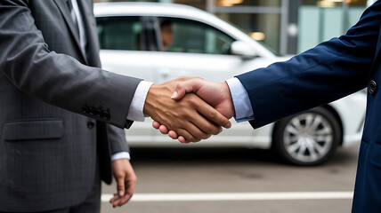 Businessmen shake hands, signifying a deal or agreement.
