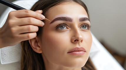 A woman receives eyebrow microblading treatment.
