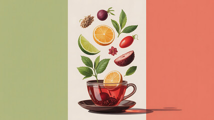 Floating fruit and herbs in a teacup, vibrant colors.
