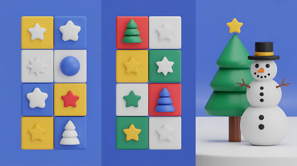 Colorful Christmas themed 3D shapes on a blue background.
