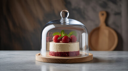 Delicious layered cake, raspberries, and mint, under a glass dome.
