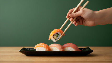Hand using chopsticks to pick up sushi. Assortment of rolls.
