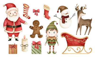 Watercolor Christmas illustration set for kids on white background with Santa Claus, reindeer, sled, elf, candle, bow, stocking, candy, gifts, gingerbread and snowmen, perfect for holiday, decoration