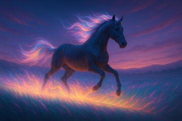 Glowing magical horse running fantasy twilight landscape colorful light trails mystical nature mythical creature vibrant energy spirit equine fantasy landscape magical animal glowing horse colorful li