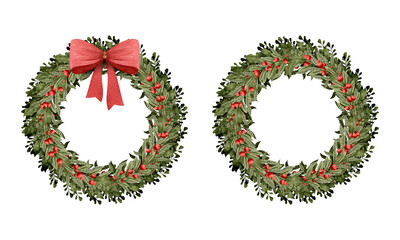 Watercolor Christmas frame illustration set on white background with wreath of boxwood branches with red berries, red bow, branches round border and template for decoration, holiday, greeting, card,  © Carol Lozove