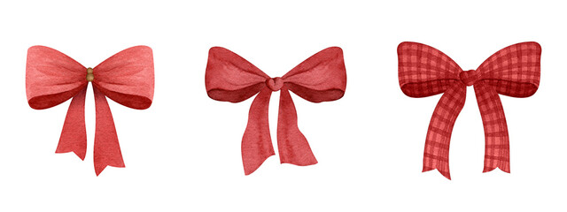Watercolor red ribbon bows illustration set on white background with cute details and texture, coquette ribbon bow with vintage aesthetic, perfect for decoration, cards, greetings, gift, festive © Carol Lozove