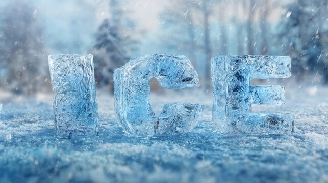 3D render of the word "ICE" spelled out with large clear ice letters standing on a snowy ground with a blurred winter forest background.