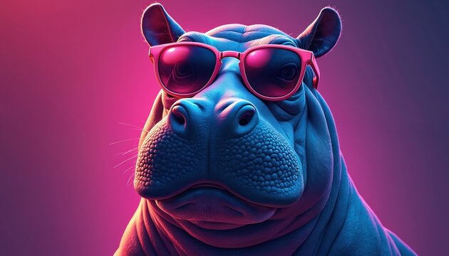 Cool hippopotamus wearing vibrant sunglasses against colorful backdrop. Quirky artwork animal personality, confidence with playful, whimsical expression. Ideal for creative concepts, fun themes,