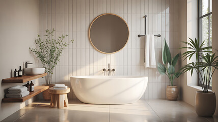 Fototapeta premium Bright, minimalist bathroom with a white tub and wooden accents. 