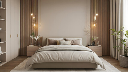 Cozy bedroom with neutral tones and warm lighting.
