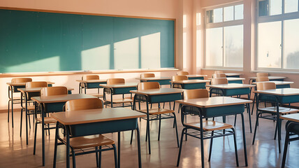 Empty classroom, rows of desks and chairs.
