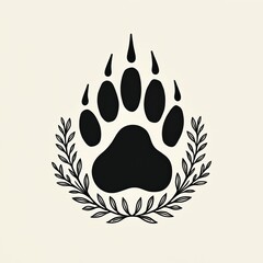 Black bear paw print illustration framed by delicate green foliage. Hand-drawn graphic represents nature, wildlife, environmental themes. Features rustic, earthy design suitable for organic,