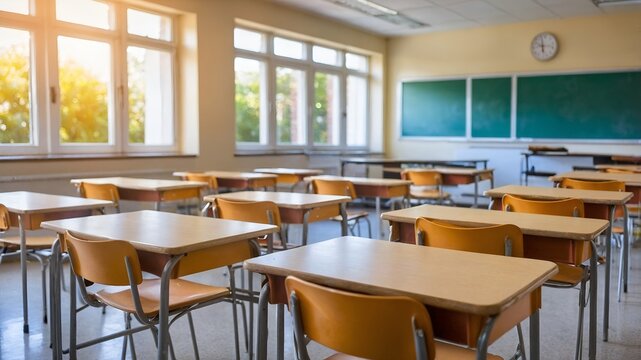 Bright and organized classroom interior ready for students—perfect for back to school themes.