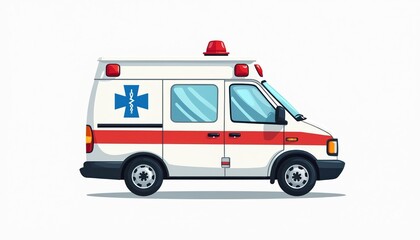 Flat cartoon illustration of an ambulance vehicle, a white van with red stripe and blue medical cross. Ideal for healthcare, emergency services, and urgent medical transport needs.