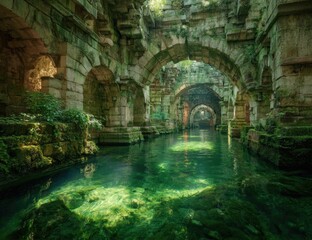Sunlit, overgrown, ancient aqueduct