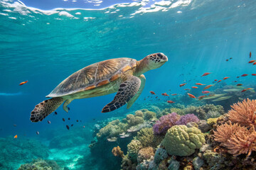 Sea turtle swimming gracefully above colorful coral reef in clear blue tropical water marine wildlife scene